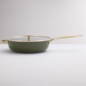 Stellar Cast Light Saut&eacute; Pan 28cm in olive with gold-tone handles and glass lid, cast iron construction