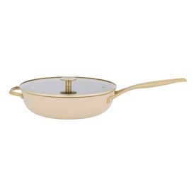 Stellar Cast Light Saut&eacute; Pan 28cm in clay with gold-tone handles and glass lid, cast iron construction