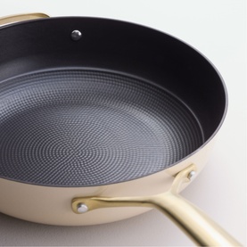 Stellar Cast Light Saut&eacute; Pan 28cm in clay with textured non-stick interior and gold-tone handles, cast iron construction