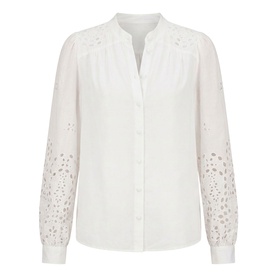 Forever New Sutton Embroidered Blouse in Porcelain with broderie sleeves, stand neckline, scalloped trim, and button front fastening