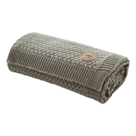 The Lyndon Company Cadenza Throw in grey, folded to show cable-knit texture with a small woven brand badge detail.