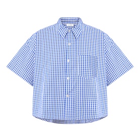 American Vintage shirt in Vichy Bleu gingham check, short sleeve, boxy crop fit with button-down collar and chest pocket