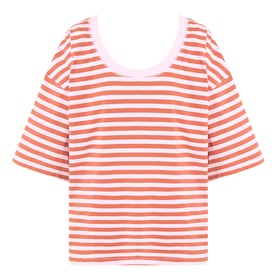 American Vintage T-Shirt in Rayures Bonbon, coral and white horizontal stripes, relaxed fit, short sleeves, scoop neckline
