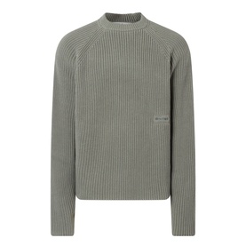 About:Blank Logo Rib Knit Sweater in sage, crew neckline, ribbed cotton knit, long raglan sleeves, small logo badge detail at hip