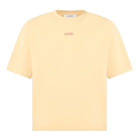 About:Blank Raw Hem Ellipse T-Shirt in yellow, round neckline, short sleeves, small logo detail at chest, raw hemline