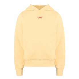 About:Blank Arc Logo Hoodie in yellow, featuring small red logo print, kangaroo pocket, dropped shoulders, and ribbed trims