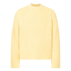 About:Blank Logo Rib Knit Sweater in yellow, mock neck, ribbed cotton knit, long sleeves, straight hem with logo badge detail