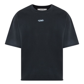 About:Blank Raw Hem Ellipse T-Shirt in washed black, oversized fit with round neck, short sleeves, and small ellipse logo at chest