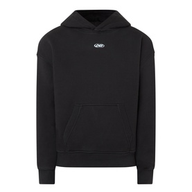 About:Blank Arc Logo Hoodie in black with fixed hood, kangaroo pocket, dropped shoulders, and small logo graphic at chest.