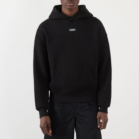 Model wearing About:Blank Arc Logo Hoodie in black with fixed hood, kangaroo pocket, and small chest logo detail.