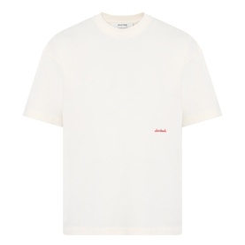 About:Blank Haus Logo T-Shirt in oat with red script logo, round neckline, short sleeves, and dropped shoulders