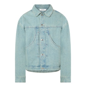 About:Blank murky wash denim casual jacket with chest pockets, button front, and classic collar in light blue cotton