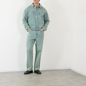 Model wearing About:Blank murky wash cotton casual jacket, styled with matching denim jeans and black loafers.