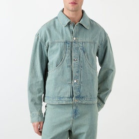 Model wearing About:Blank Casual Jacket in murky wash denim, styled with matching denim trousers