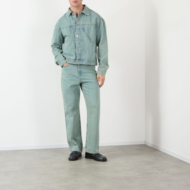 Model wearing About:Blank jeans in murky wash, styled with matching denim jacket and black loafers, straight-leg fit, 100% cotton