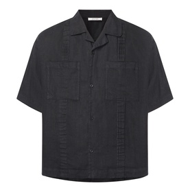 Dark grey short-sleeve camp collar shirt with chest pockets and pintuck pleat detail, laid flat