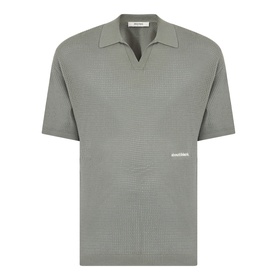 About:Blank Logo Open-Knit Polo Sweater in sage, featuring open-knit construction, V-neckline, short sleeves, and contrast logo detail