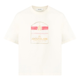 About:Blank Graphic Logo T-Shirt in oat cotton with crew neck, dropped shoulders, and pink and yellow front graphic print.