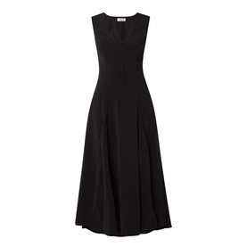 Anne Louise Boutique black sleeveless midi dress with V-neckline, fitted bodice, and pleated A-line skirt