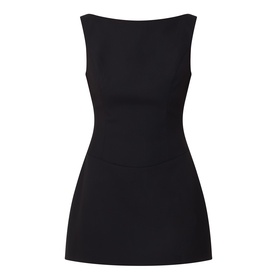Anne Louise Boutique Tailored Mini Shift Dress in black, sleeveless with boat neckline, fitted bodice and flared mini skirt, smooth finish