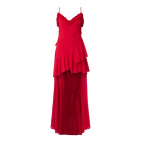 Anne Louise Boutique Rose Petal Ruffle Dress in red, V-neck with ruffle trim, narrow straps, tiered asymmetric skirt, high-low maxi hem