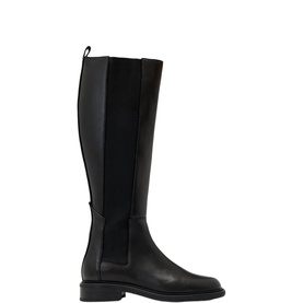 All Saints black leather knee-high boot with elasticated panel, low block heel, and square toe, side view.