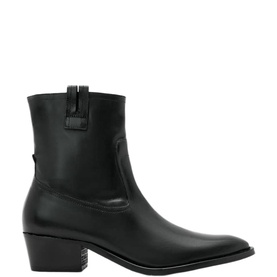 All Saints black leather ankle boot with pointed toe, block heel, and side zip fastening