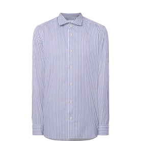 Boglioli dark blue and white stripe cotton casual shirt with spread collar and single-button cuffs