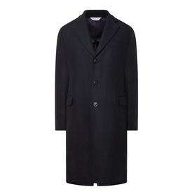 Boglioli navy wool blend overcoat with notch lapels, three-button front fastening and flap pockets