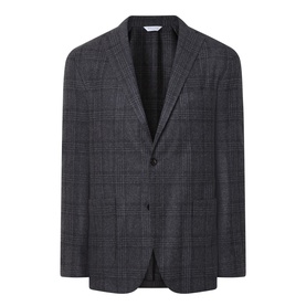 Boglioli charcoal wool blazer jacket with glen plaid check pattern, notch lapels, and single-button fastening