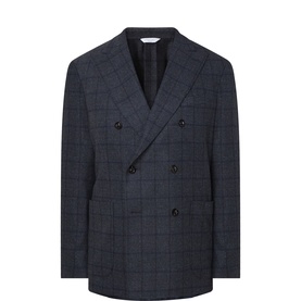 Boglioli navy blue wool-blend double-breasted blazer with windowpane check pattern and dark buttons