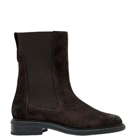 All Saints dark brown suede chelsea ankle boot with elasticated side panel and low block heel