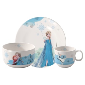 Villeroy & Boch Disney Frozen 3-Piece Crockery Set in white porcelain with Elsa, Anna and Olaf motifs; includes plate, bowl and mug