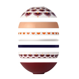 Villeroy & Boch Iconic La Boule Kyoto porcelain dinnerware set, stacked in egg shape with red, orange, blue and beige patterned layers