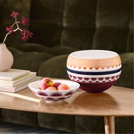 Villeroy & Boch Iconic La Boule Kyoto porcelain dinnerware set styled on a wooden table, featuring a large round vessel and small fruit bowl with