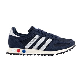 Adidas LA Trainer in Legend Ink and Silver Metallic, navy suede upper with white stripes, serrated rubber sole with colour dot detail