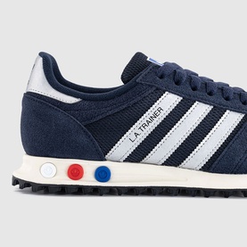 Adidas LA Trainer in Legend Ink and Silver Metallic, navy suede upper with white stripes, multicolour foxing dots and black rubber sole