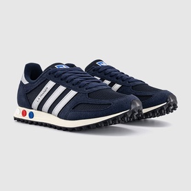 Adidas LA Trainer in Legend Ink and Silver Metallic, navy suede and mesh upper, three silver stripes, off-white cupsole with colour dot detail