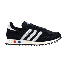 Adidas LA Trainer OG in black with white 3-Stripes, mesh and suede upper, serrated white rubber sole with multicolour dot detail