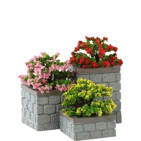 Lemax Flower Bed Boxes Set of Three, grey stone-effect resin planters with multicoloured pink, red and yellow flower arrangements, varying heights