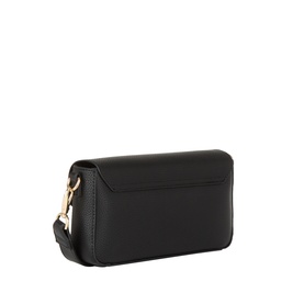 Mario Valentino black polyurethane crossbody bag, rear view, gold-tone hardware and adjustable strap visible