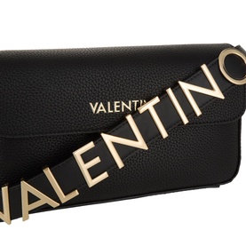 Mario Valentino black polyurethane crossbody bag with gold-tone logo lettered strap and branded flap front