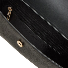 Mario Valentino black polyurethane crossbody bag interior view showing zip compartment, card slots, and gold-tone stud detail