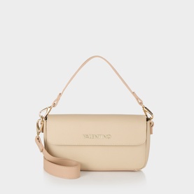Mario Valentino cream crossbody bag with gold-tone hardware, flap closure, short top handle and detachable crossbody strap