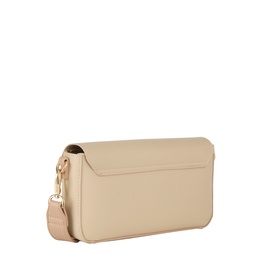 Mario Valentino cream crossbody bag with gold-tone hardware, flap closure, and wide fabric shoulder strap, shown at a side angle.
