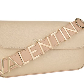Mario Valentino cream crossbody bag with gold-tone branded letter strap detail and flap closure