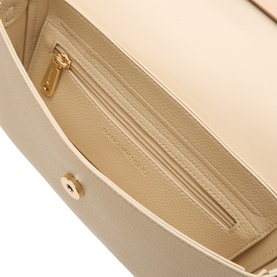 Mario Valentino cream crossbody bag interior showing zip pocket and gold-tone zip detail against structured sides