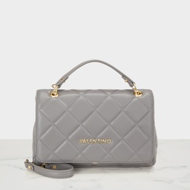Mario Valentino Antracite quilted crossbody bag with gold-tone hardware, top handle, and detachable shoulder strap