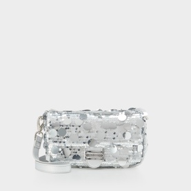 Mario Valentino grey crossbody bag with large sequin embellishment, silver hardware, and adjustable crossbody strap.