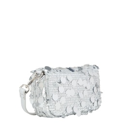 Mario Valentino grey crossbody bag with large sequin embellishments, silver hardware, and detachable crossbody strap.
